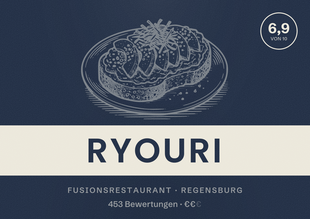 Illustriertes Poster von Ryouri, Fusionsrestaurant in Regensburg: Gästebewertung 6,9 von 10 aus 453 Bewertungen