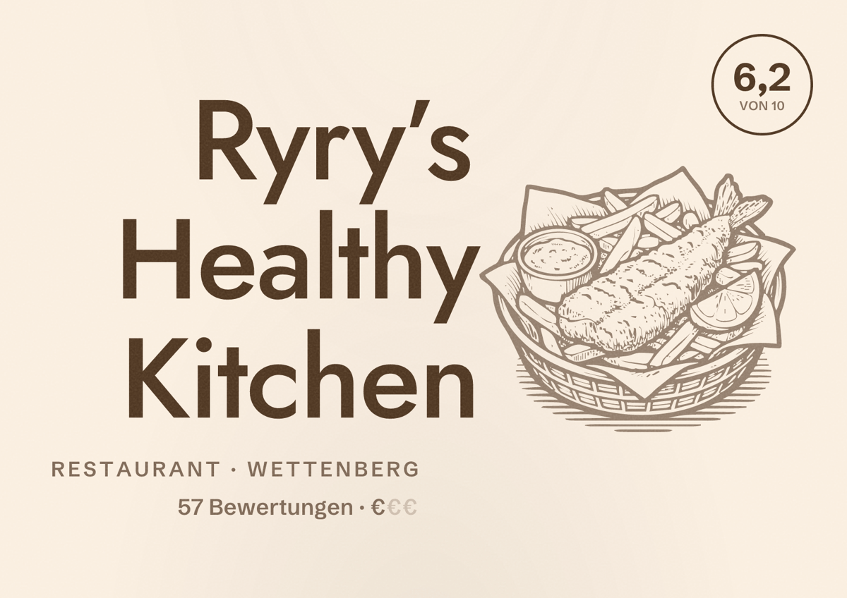 Illustriertes Poster von Ryry’s Healthy Kitchen, Restaurant in Wettenberg: Bewertung 6,2 von 10 aus 57 Bewertungen, Preisniveau €