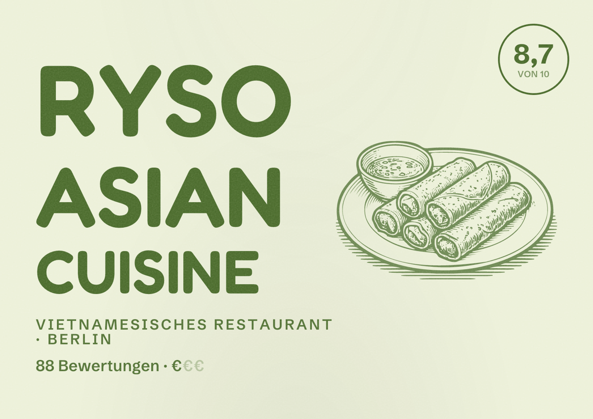 Illustriertes Poster von Ryso Asian Cuisine, Vietnamesisches Restaurant in Berlin: Bewertung 8,7 von 10 aus 88 Bewertungen, Preisniveau €