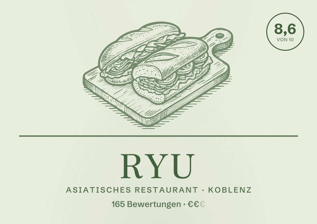 Illustriertes Poster von RYU, Asiatisches Restaurant in Koblenz: Bewertung 8,6 von 10 aus 165 Bewertungen, Preisniveau €€