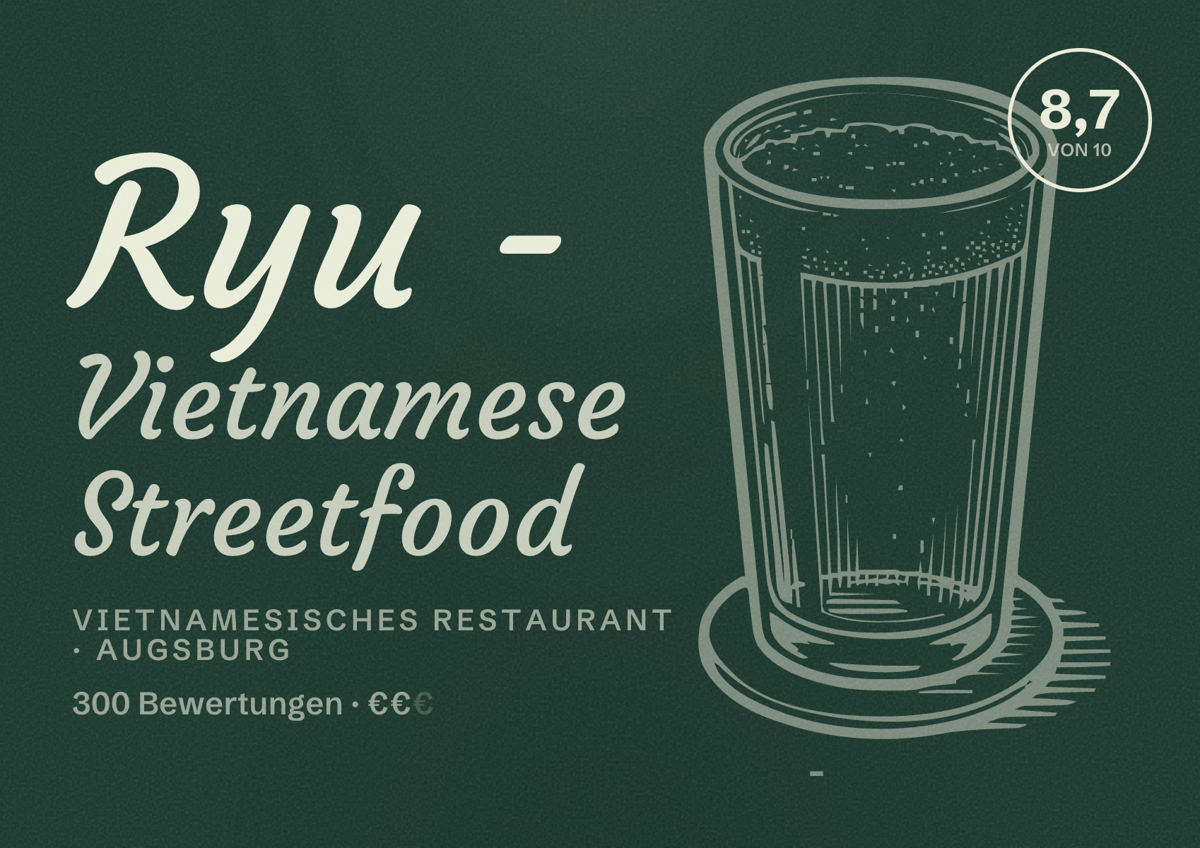 Illustriertes Poster von Ryu - Vietnamese Streetfood, Vietnamesisches Restaurant in Augsburg: Bewertung 8,7 von 10 aus 300 Bewertungen, Preisniveau €€