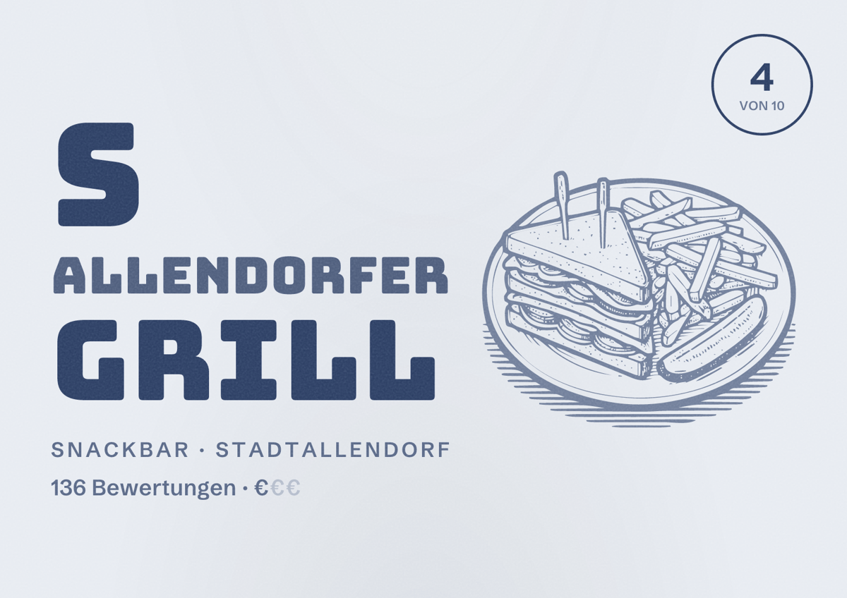 Illustriertes Poster von S Allendorfer Grill, Snackbar in Stadtallendorf: Bewertung 4 von 10 aus 136 Bewertungen, Preisniveau €