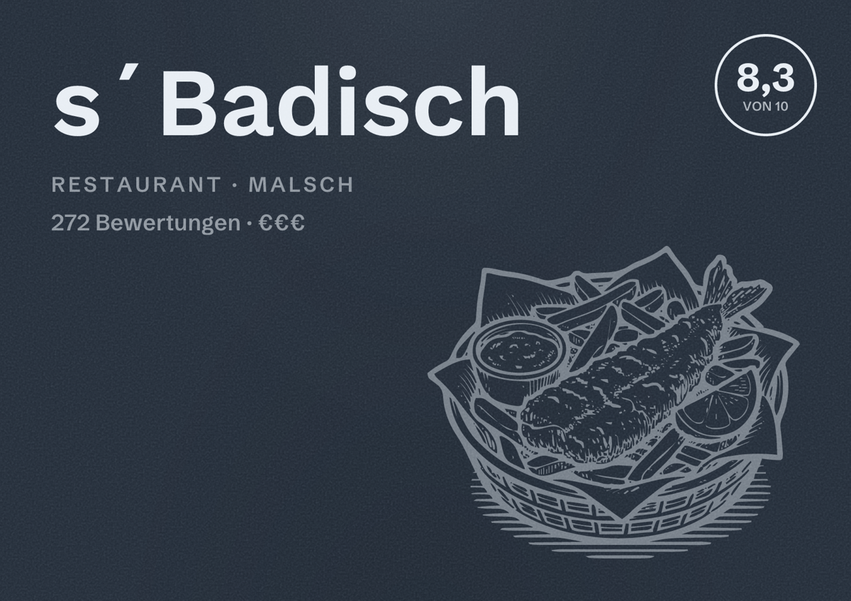 Illustriertes Poster von s´Badisch, Restaurant in Malsch: Bewertung 8,3 von 10 aus 272 Bewertungen, Preisniveau €€€