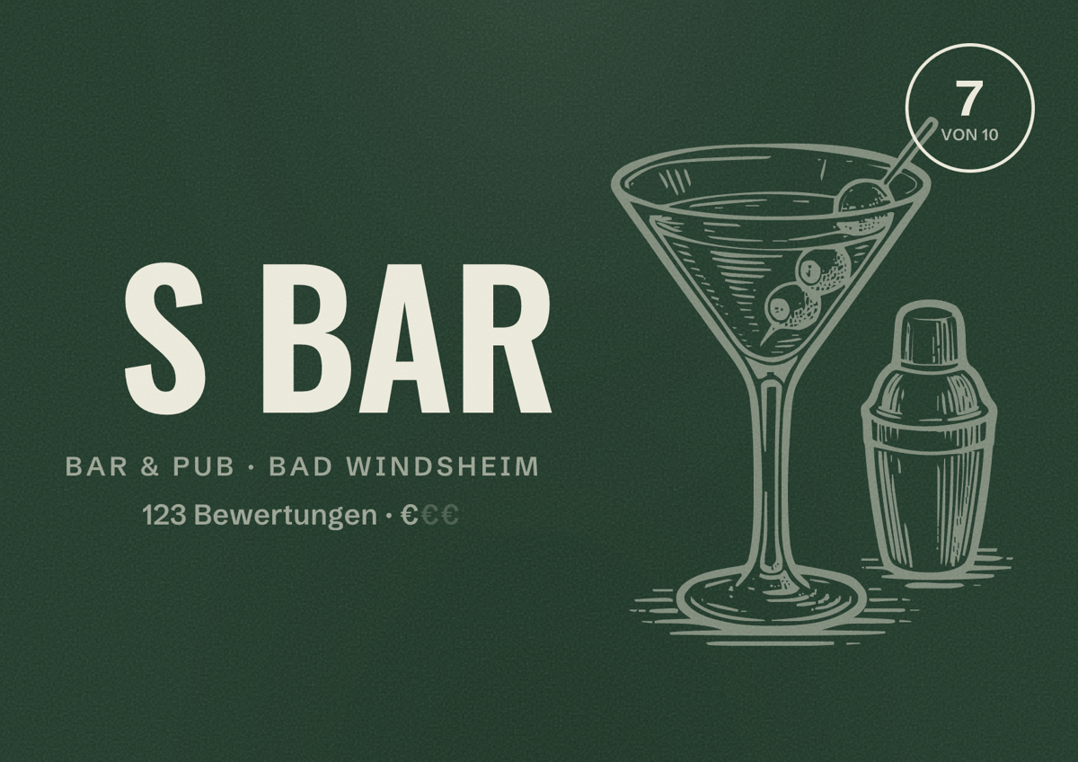 Illustriertes Poster von S BAR, Bar & Pub in Bad Windsheim: Bewertung 7 von 10 aus 123 Bewertungen, Preisniveau €
