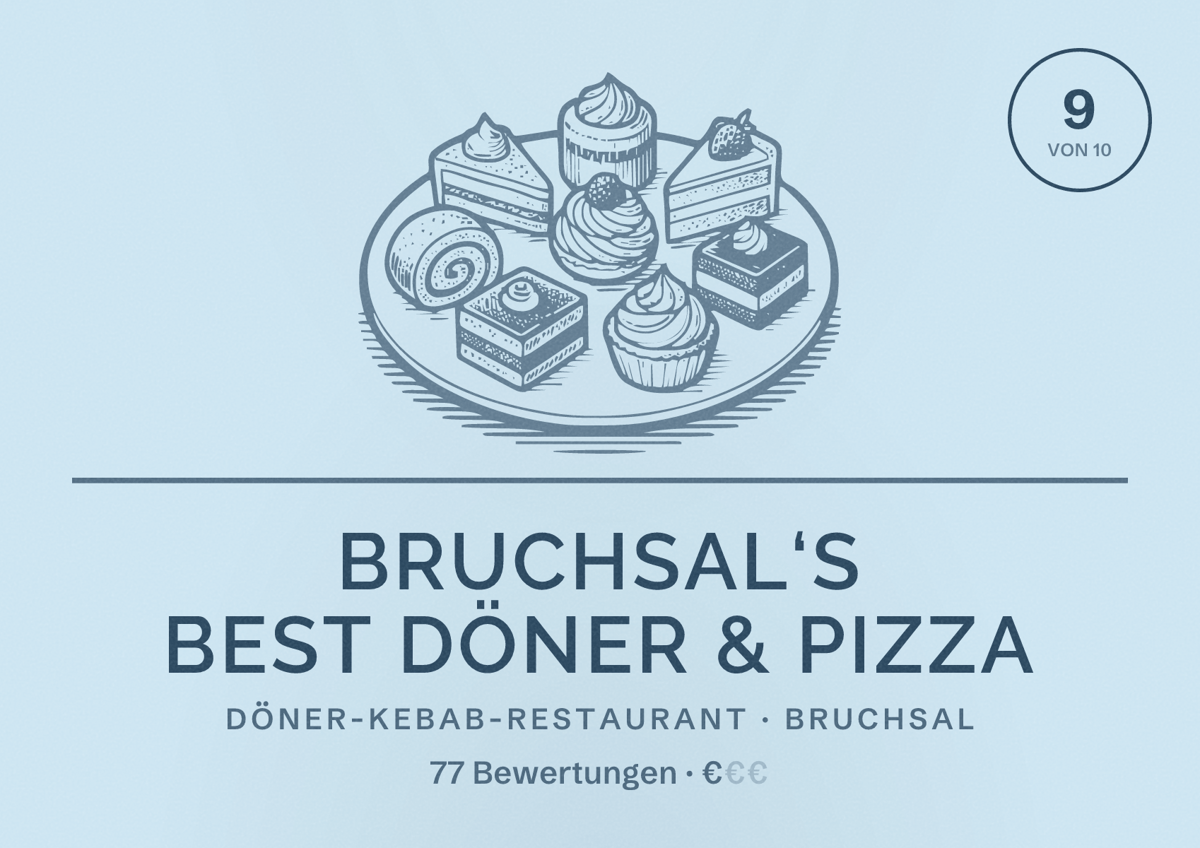 Illustriertes Poster von Bruchsal‘s Best Döner & Pizza, Döner-Kebab-Restaurant in Bruchsal: Bewertung 9 von 10 aus 77 Bewertungen, Preisniveau €