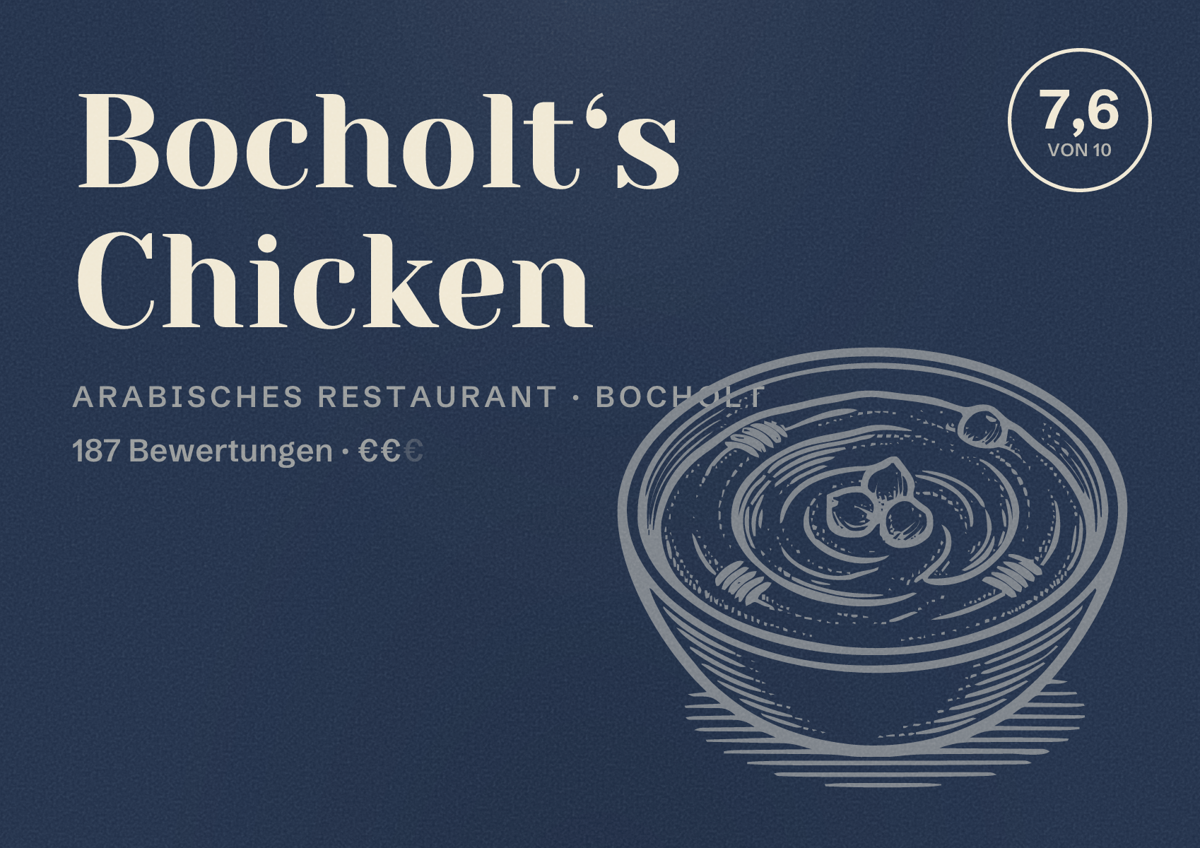 Illustriertes Poster von Bocholt‘s Chicken, Arabisches Restaurant in Bocholt: Bewertung 7,6 von 10 aus 187 Bewertungen, Preisniveau €€
