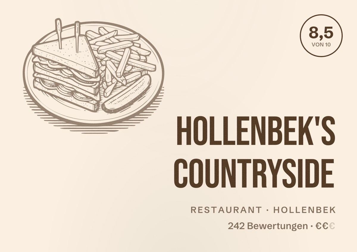 Illustriertes Poster von Hollenbek's Countryside, Restaurant in Hollenbek: Bewertung 8,5 von 10 aus 242 Bewertungen, Preisniveau €€