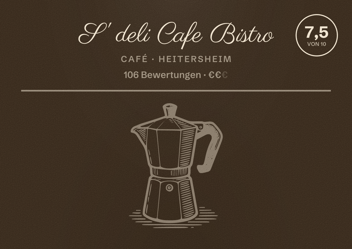 Illustriertes Poster von S' deli Cafe Bistro, Café in Heitersheim: Bewertung 7,5 von 10 aus 106 Bewertungen, Preisniveau €€