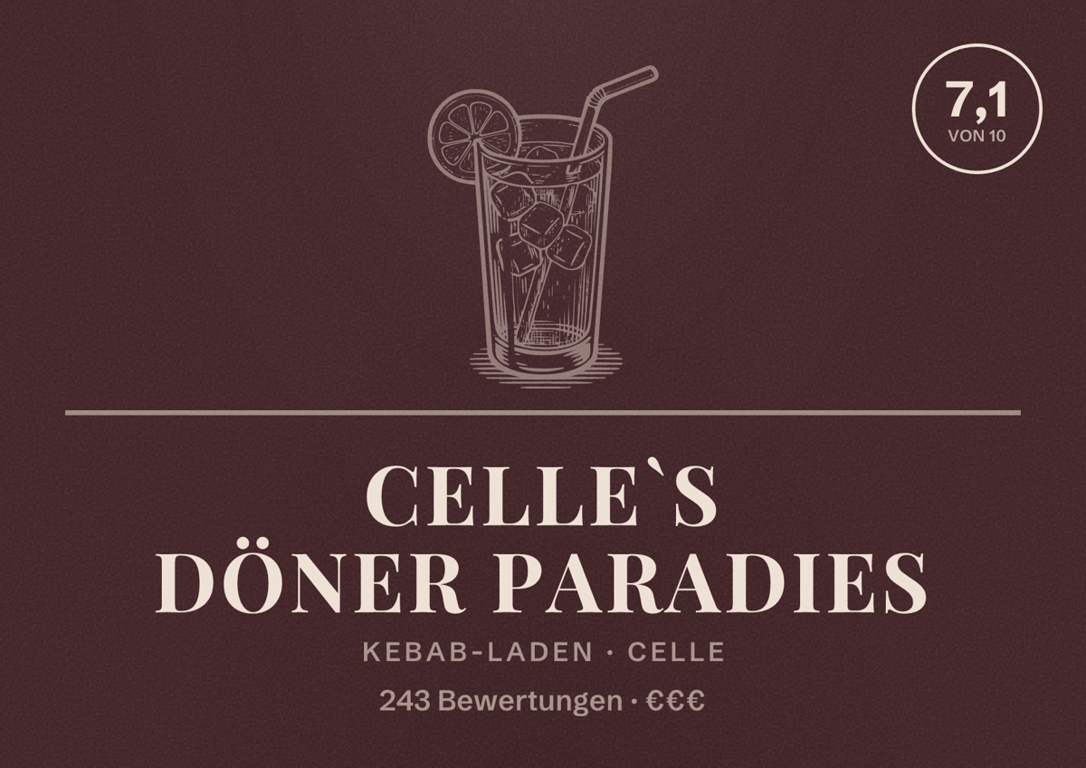 Illustriertes Poster von Celle`s Döner Paradies, Kebab-Laden in Celle: Bewertung 7,1 von 10 aus 243 Bewertungen, Preisniveau €€€