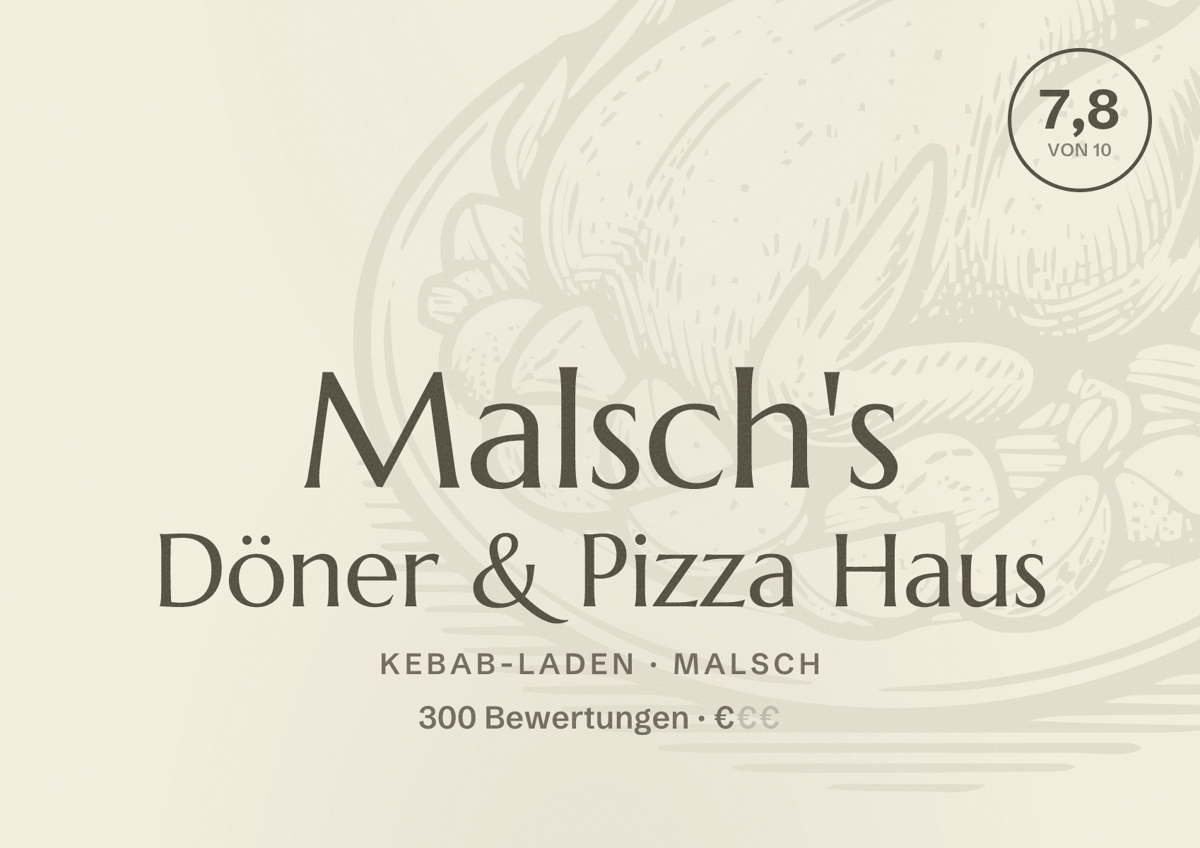 Illustriertes Poster von Malsch's Döner & Pizza Haus, Kebab-Laden in Malsch: Bewertung 7,8 von 10 aus 300 Bewertungen, Preisniveau €