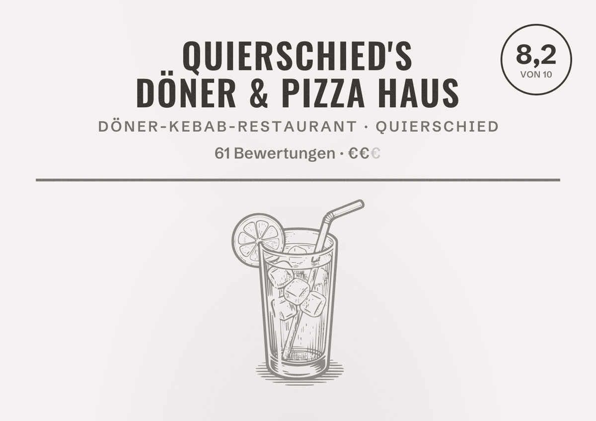 Illustriertes Poster von Quierschied's Döner & Pizza Haus, Döner-Kebab-Restaurant in Quierschied: Bewertung 8,2 von 10 aus 61 Bewertungen, Preisniveau €€