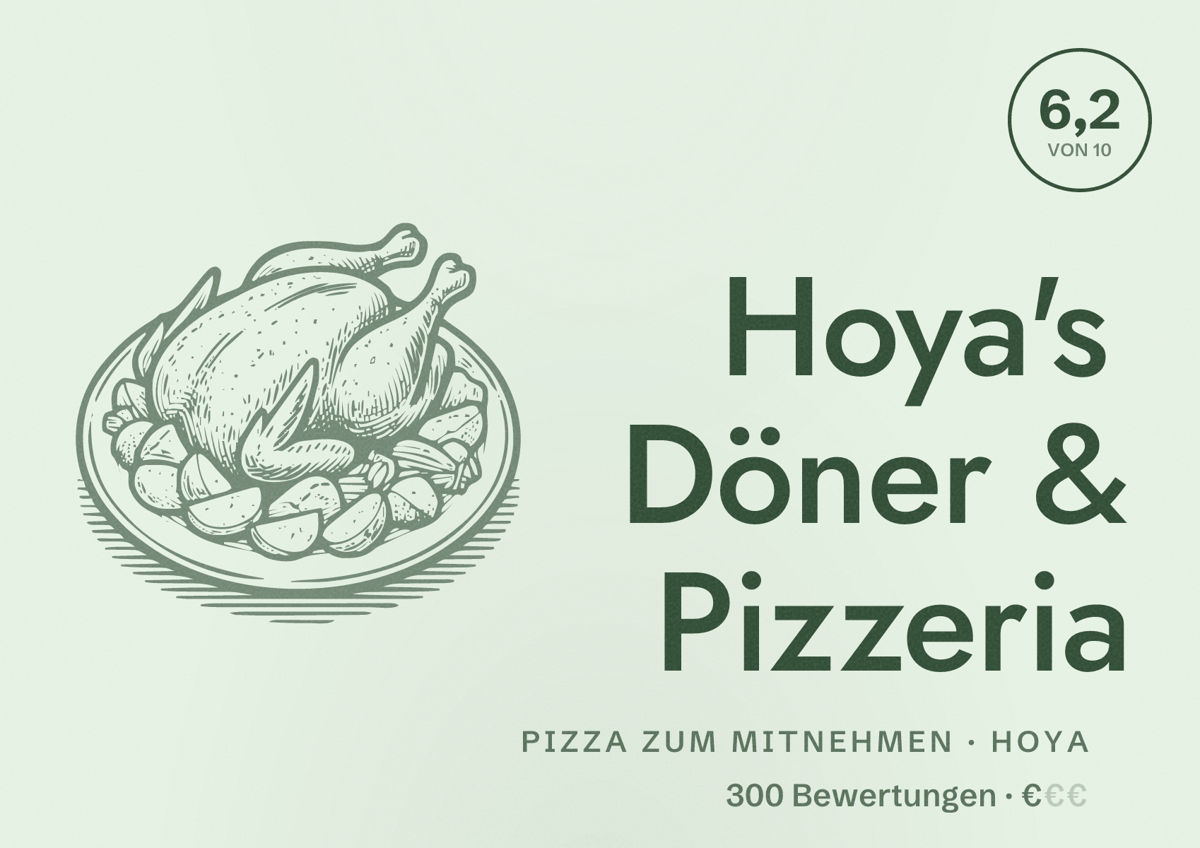 Illustriertes Poster von Hoya's Döner & Pizzeria, Pizza zum Mitnehmen in Hoya: Bewertung 6,2 von 10 aus 300 Bewertungen, Preisniveau €