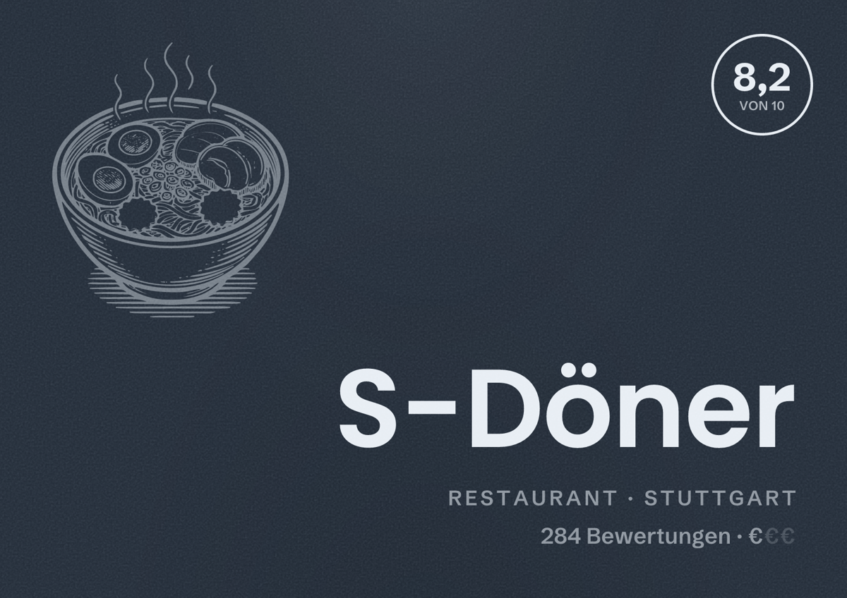 Illustriertes Poster von S-Döner, Restaurant in Stuttgart: Bewertung 8,2 von 10 aus 284 Bewertungen, Preisniveau €