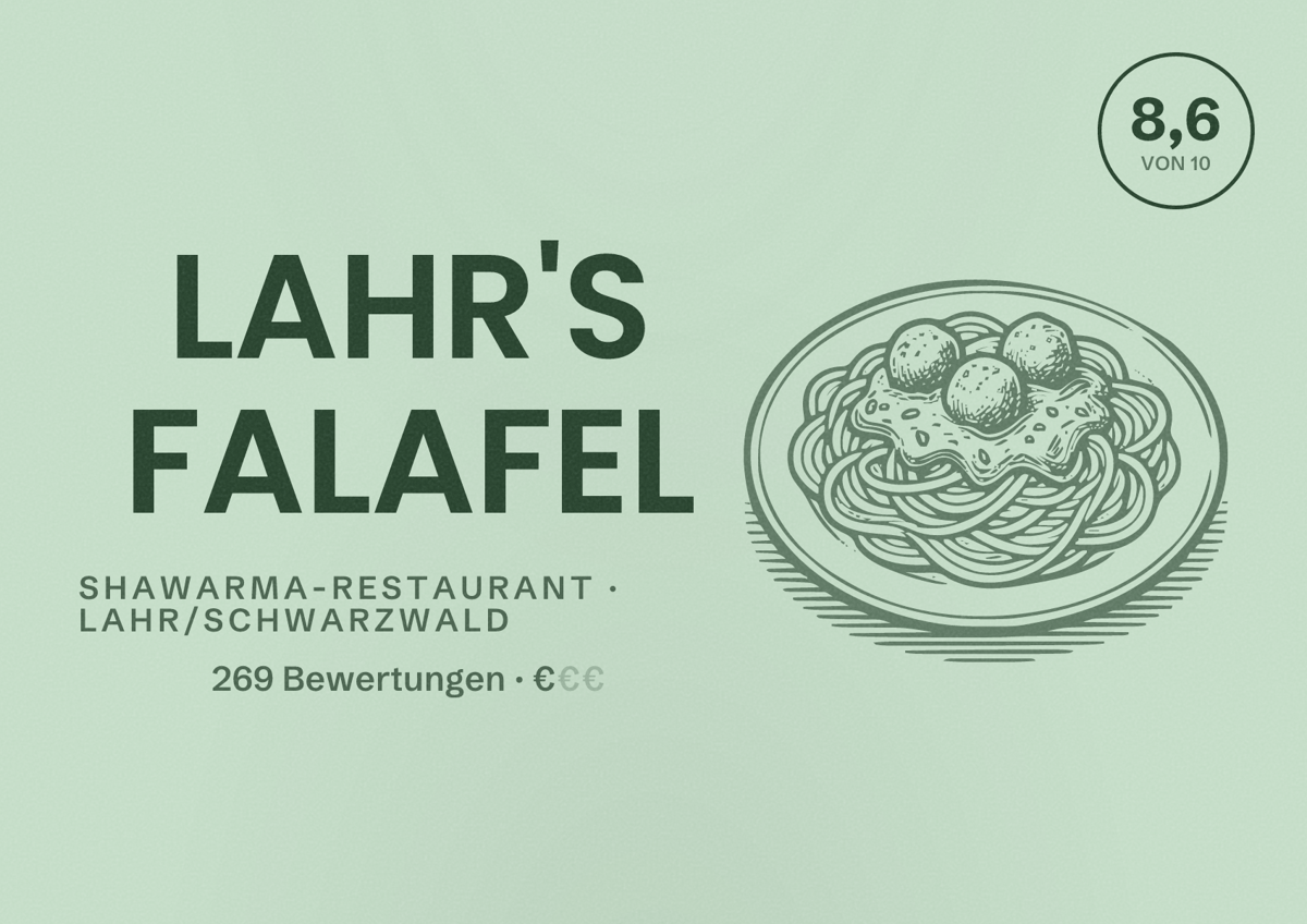 Illustriertes Poster von LAHR'S FALAFEL, Shawarma-Restaurant in Lahr/Schwarzwald: Bewertung 8,6 von 10 aus 269 Bewertungen, Preisniveau €
