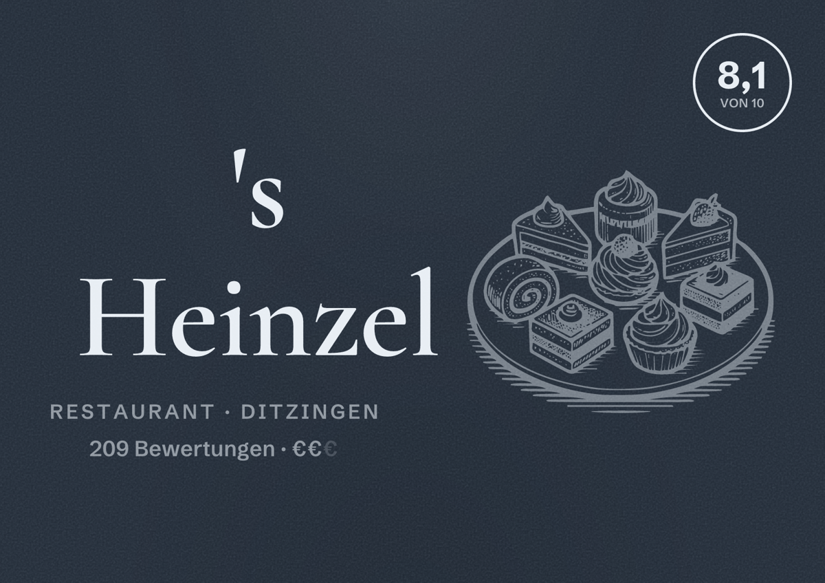 Illustriertes Poster von 's Heinzel, Restaurant in Ditzingen: Bewertung 8,1 von 10 aus 209 Bewertungen, Preisniveau €€