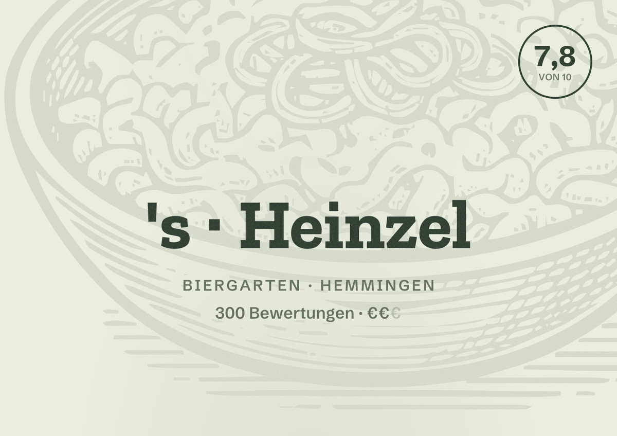 Illustriertes Poster von 's Heinzel, Biergarten in Hemmingen: Bewertung 7,8 von 10 aus 300 Bewertungen, Preisniveau €€