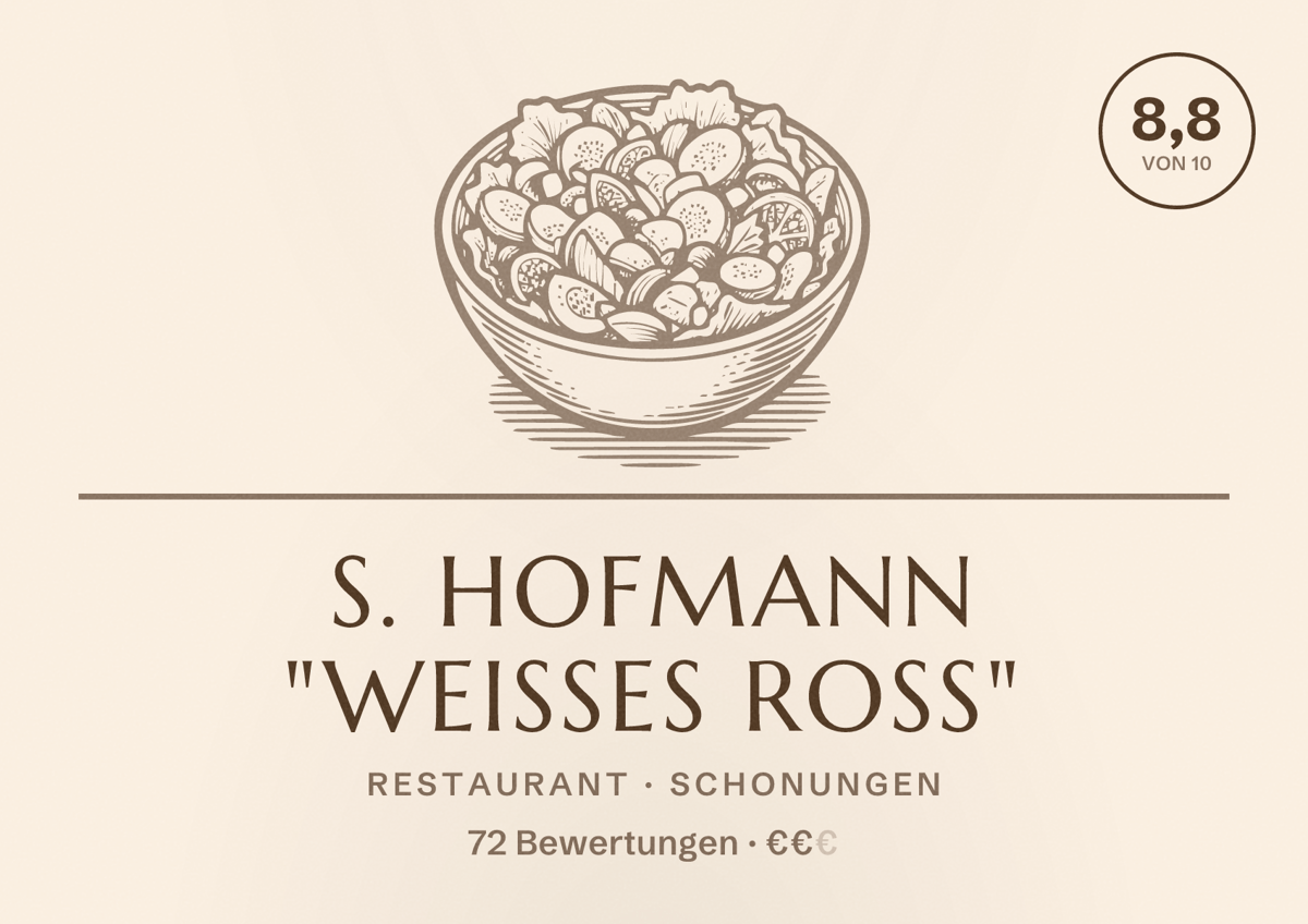 Illustriertes Poster von S. Hofmann "Weißes Roß", Restaurant in Schonungen: Bewertung 8,8 von 10 aus 72 Bewertungen, Preisniveau €€