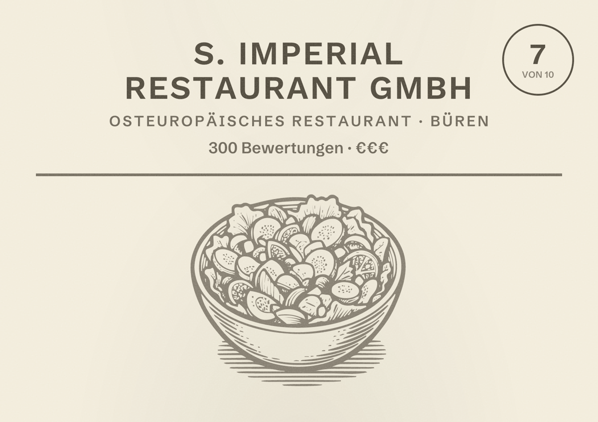 Illustriertes Poster von S. Imperial Restaurant GmbH, Osteuropäisches Restaurant in Büren: Bewertung 7 von 10 aus 300 Bewertungen, Preisniveau €€€