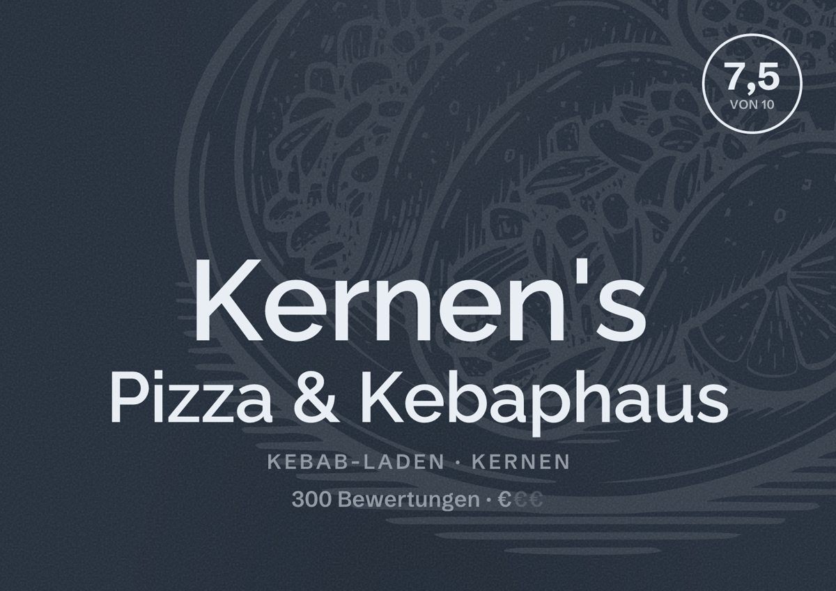 Illustriertes Poster von Kernen's Pizza & Kebaphaus, Kebab-Laden in Kernen: Bewertung 7,5 von 10 aus 300 Bewertungen, Preisniveau €