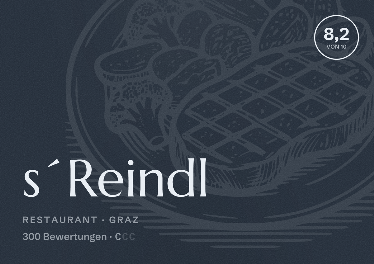 Illustriertes Poster von s´Reindl, Restaurant in Graz: Bewertung 8,2 von 10 aus 300 Bewertungen, Preisniveau €