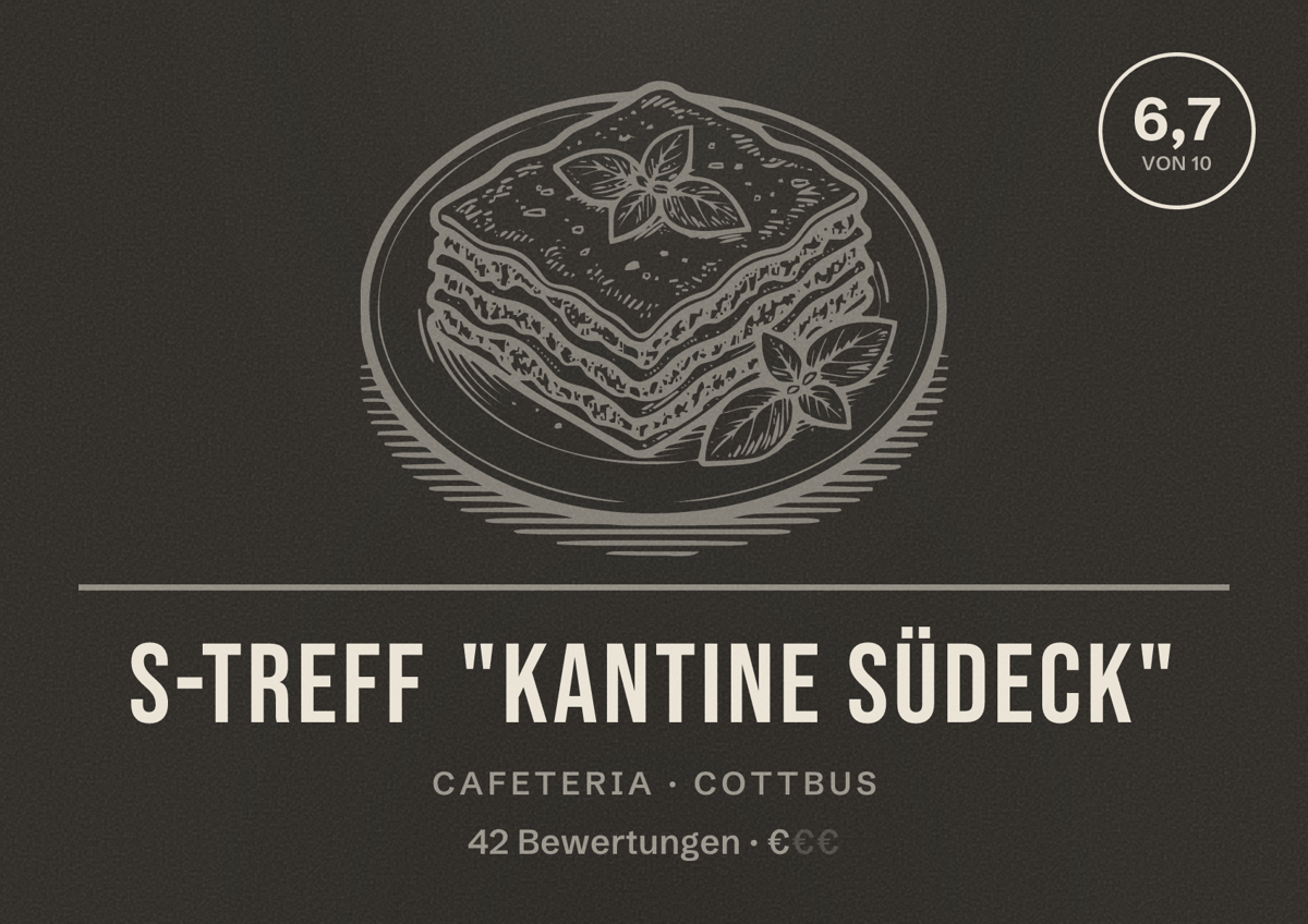 Illustriertes Poster von S-Treff "Kantine Südeck", Cafeteria in Cottbus: Bewertung 6,7 von 10 aus 42 Bewertungen, Preisniveau €