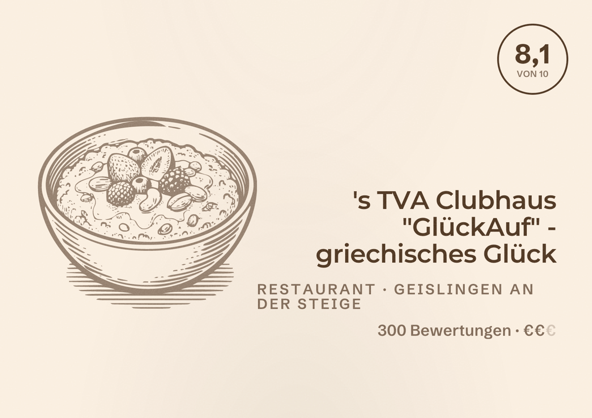 Illustriertes Poster von 's TVA Clubhaus "GlückAuf" - griechisches Glück, Restaurant in Geislingen an der Steige: Bewertung 8,1 von 10 aus 300 Bewertungen, Preisniveau €€