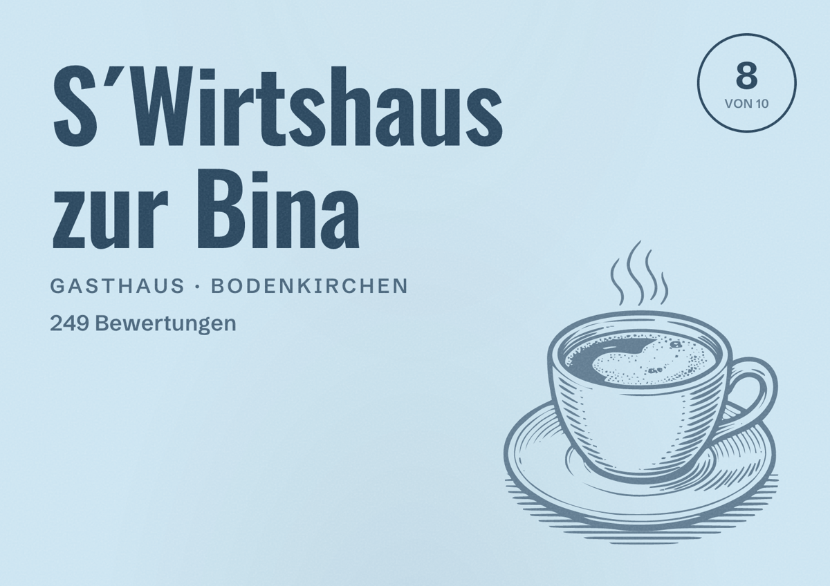 Illustriertes Poster von S´Wirtshaus zur Bina, Gasthaus in Bodenkirchen: Bewertung 8 von 10 aus 249 Bewertungen