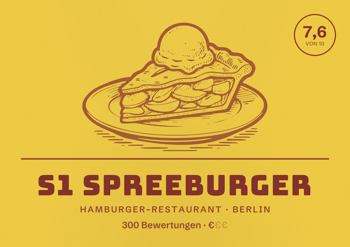Illustriertes Poster von S1 Spreeburger, Hamburger-Restaurant in Berlin: Bewertung 7,6 von 10 aus 300 Bewertungen, Preisniveau €