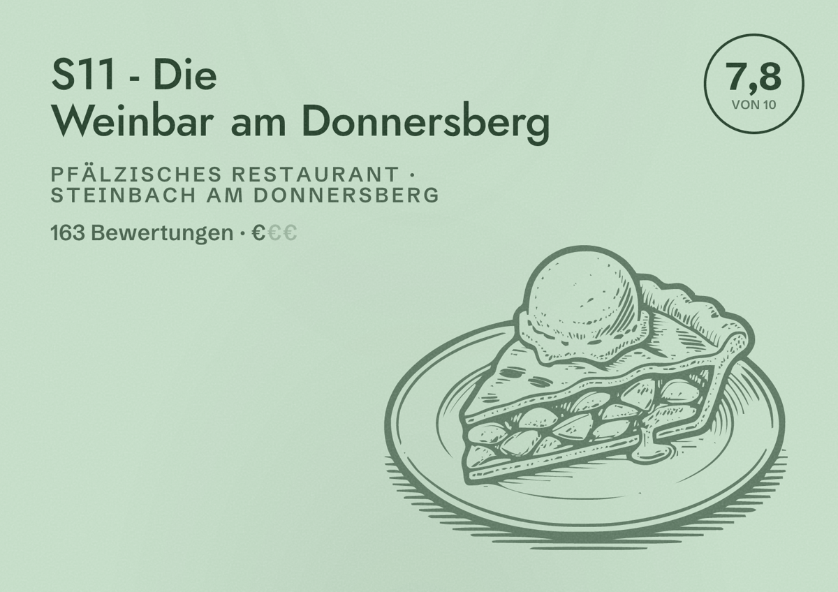 Illustriertes Poster von S11 - Die Weinbar am Donnersberg, Pfälzisches Restaurant in Steinbach am Donnersberg: Bewertung 7,8 von 10 aus 163 Bewertungen, Preisniveau €