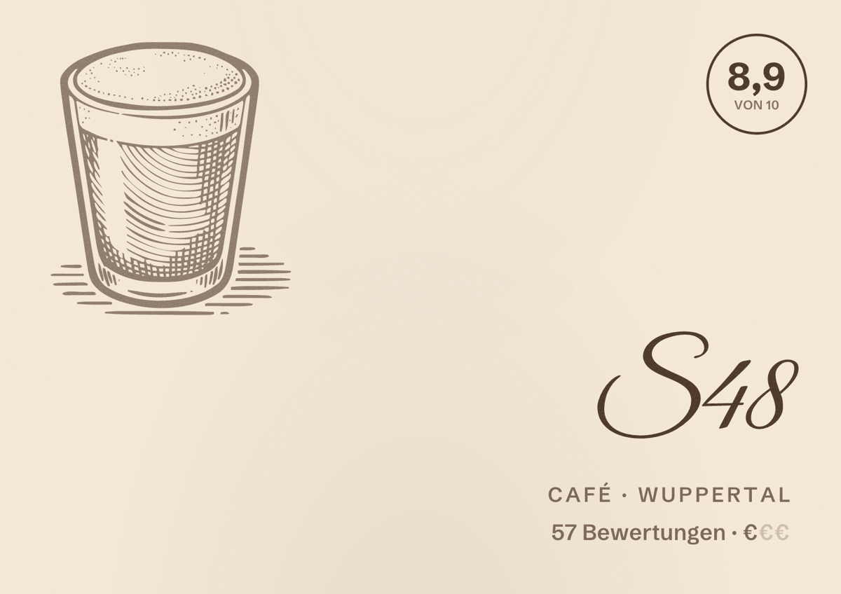 Illustriertes Poster von S48, Café in Wuppertal: Bewertung 8,9 von 10 aus 57 Bewertungen, Preisniveau €