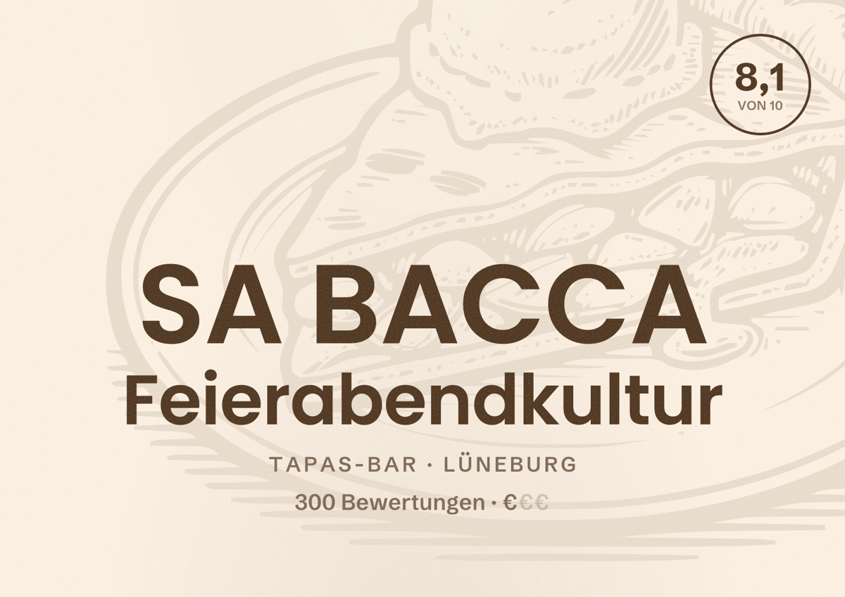 Illustriertes Poster von SA BACCA Feierabendkultur, Tapas-Bar in Lüneburg: Bewertung 8,1 von 10 aus 300 Bewertungen, Preisniveau €