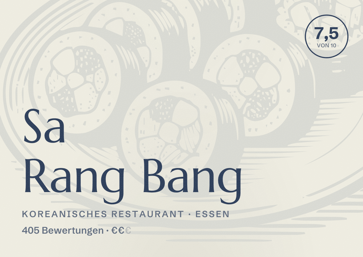 Illustriertes Poster von Sa Rang Bang, Koreanisches Restaurant in Essen: Bewertung 7,5 von 10 aus 405 Bewertungen, Preisniveau €€
