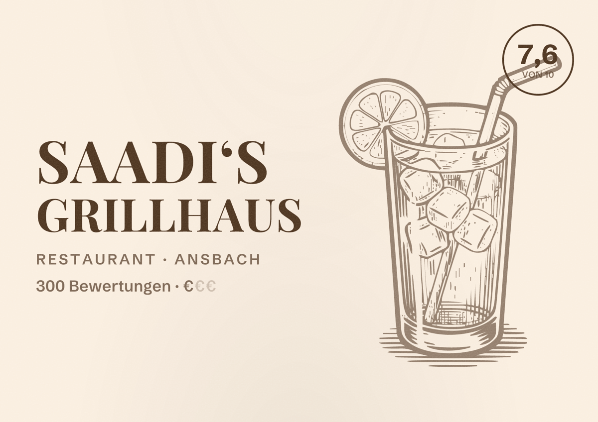 Illustriertes Poster von Saadi‘s Grillhaus, Restaurant in Ansbach: Bewertung 7,6 von 10 aus 300 Bewertungen, Preisniveau €
