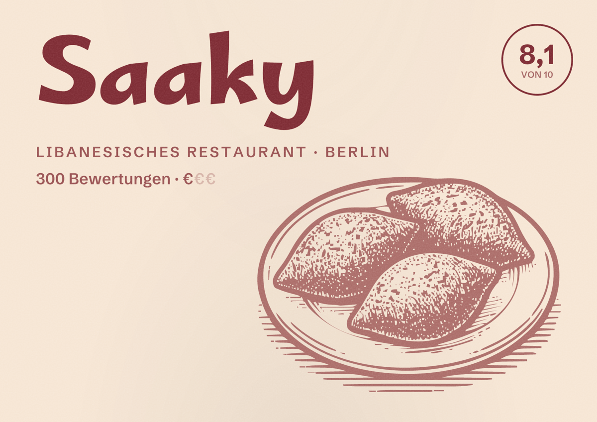 Illustriertes Poster von Saaky, Libanesisches Restaurant in Berlin: Bewertung 8,1 von 10 aus 300 Bewertungen, Preisniveau €