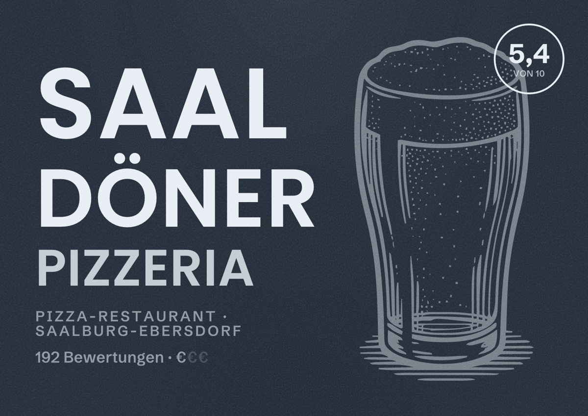 Illustriertes Poster von SAAL Döner Pizzeria, Pizza-Restaurant in Saalburg-Ebersdorf: Bewertung 5,4 von 10 aus 192 Bewertungen, Preisniveau €