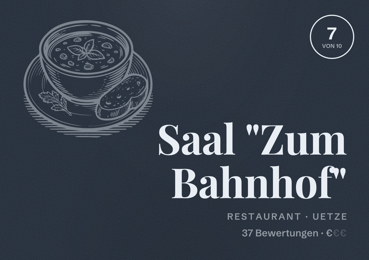 Illustriertes Poster von Saal "Zum Bahnhof", Restaurant in Uetze: Bewertung 7 von 10 aus 37 Bewertungen, Preisniveau €