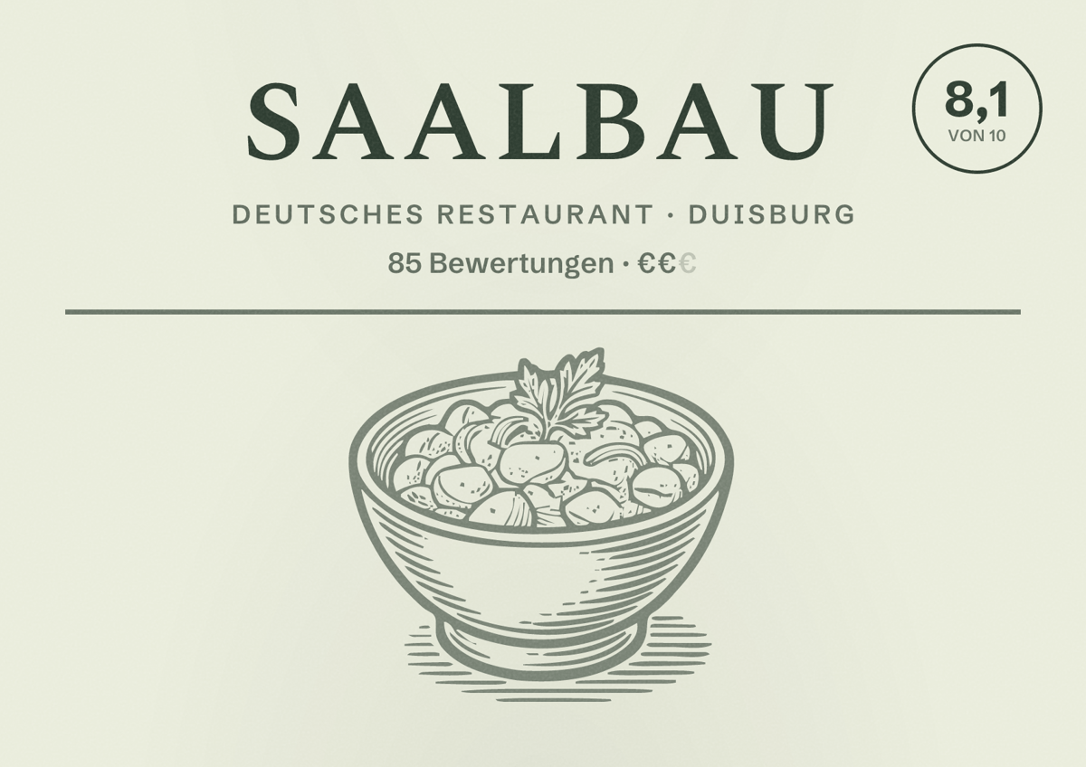 Illustriertes Poster von Saalbau, Deutsches Restaurant in Duisburg: Bewertung 8,1 von 10 aus 85 Bewertungen, Preisniveau €€