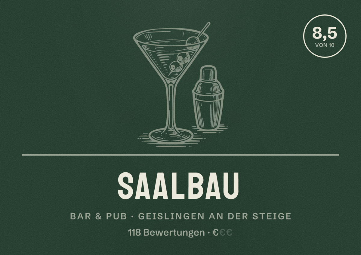 Illustriertes Poster von Saalbau, Bar & Pub in Geislingen an der Steige: Bewertung 8,5 von 10 aus 118 Bewertungen, Preisniveau €