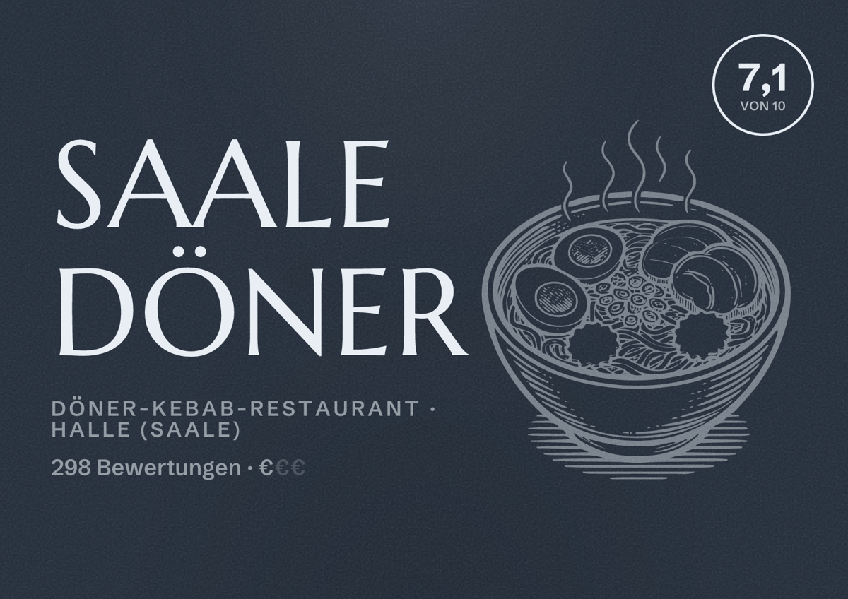 Illustriertes Poster von Saale Döner, Döner-Kebab-Restaurant in Halle (Saale): Bewertung 7,1 von 10 aus 298 Bewertungen, Preisniveau €