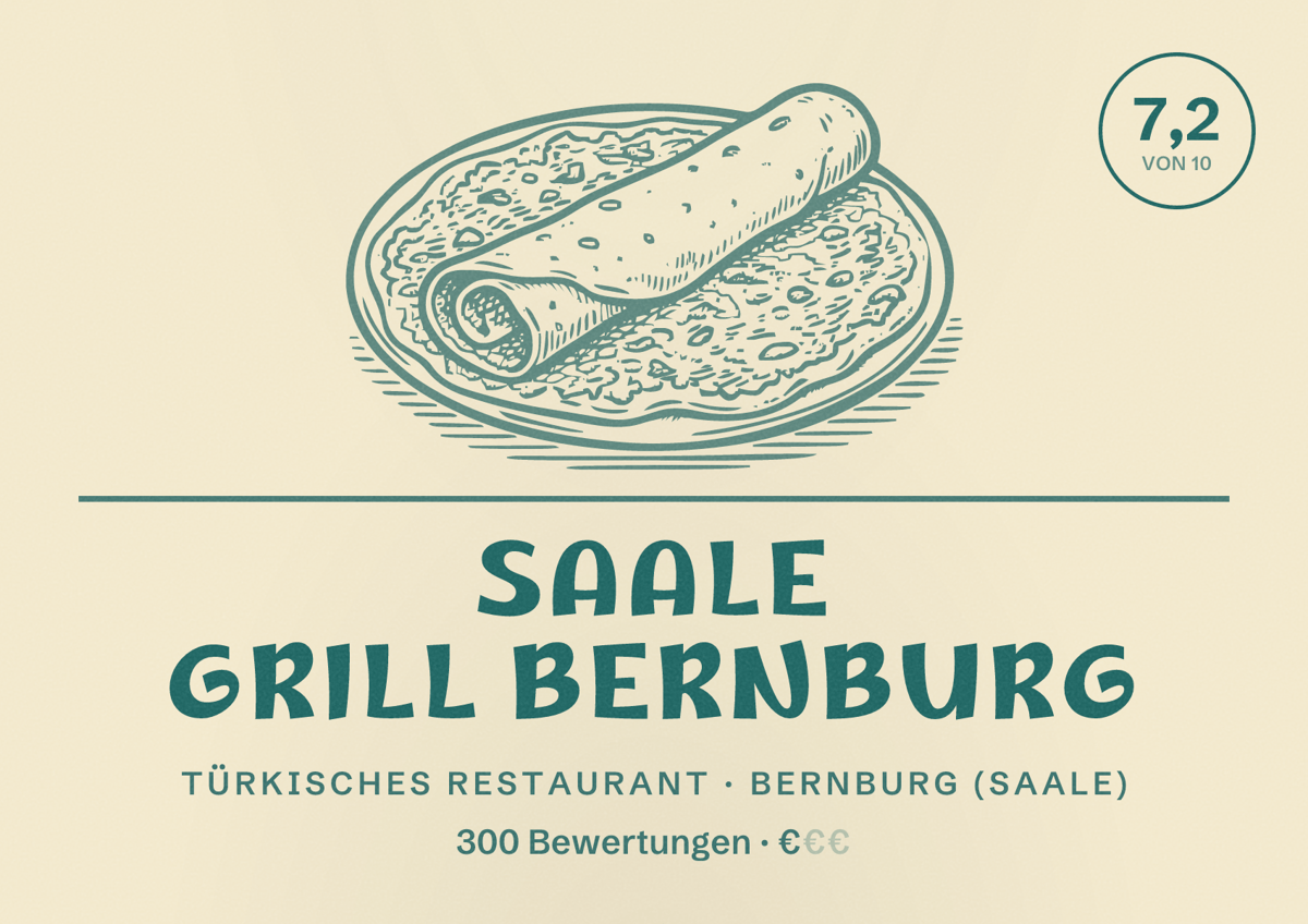 Illustriertes Poster von Saale Grill Bernburg, Türkisches Restaurant in Bernburg (Saale): Bewertung 7,2 von 10 aus 300 Bewertungen, Preisniveau €