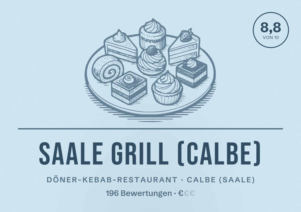 Illustriertes Poster von Saale Grill (Calbe), Döner-Kebab-Restaurant in Calbe (Saale): Bewertung 8,8 von 10 aus 196 Bewertungen, Preisniveau €