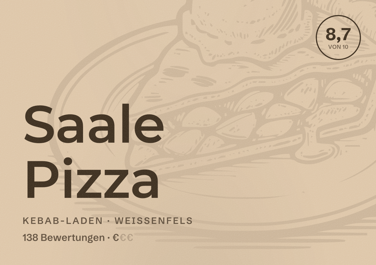 Illustriertes Poster von Saale Pizza, Kebab-Laden in Weißenfels: Bewertung 8,7 von 10 aus 138 Bewertungen, Preisniveau €