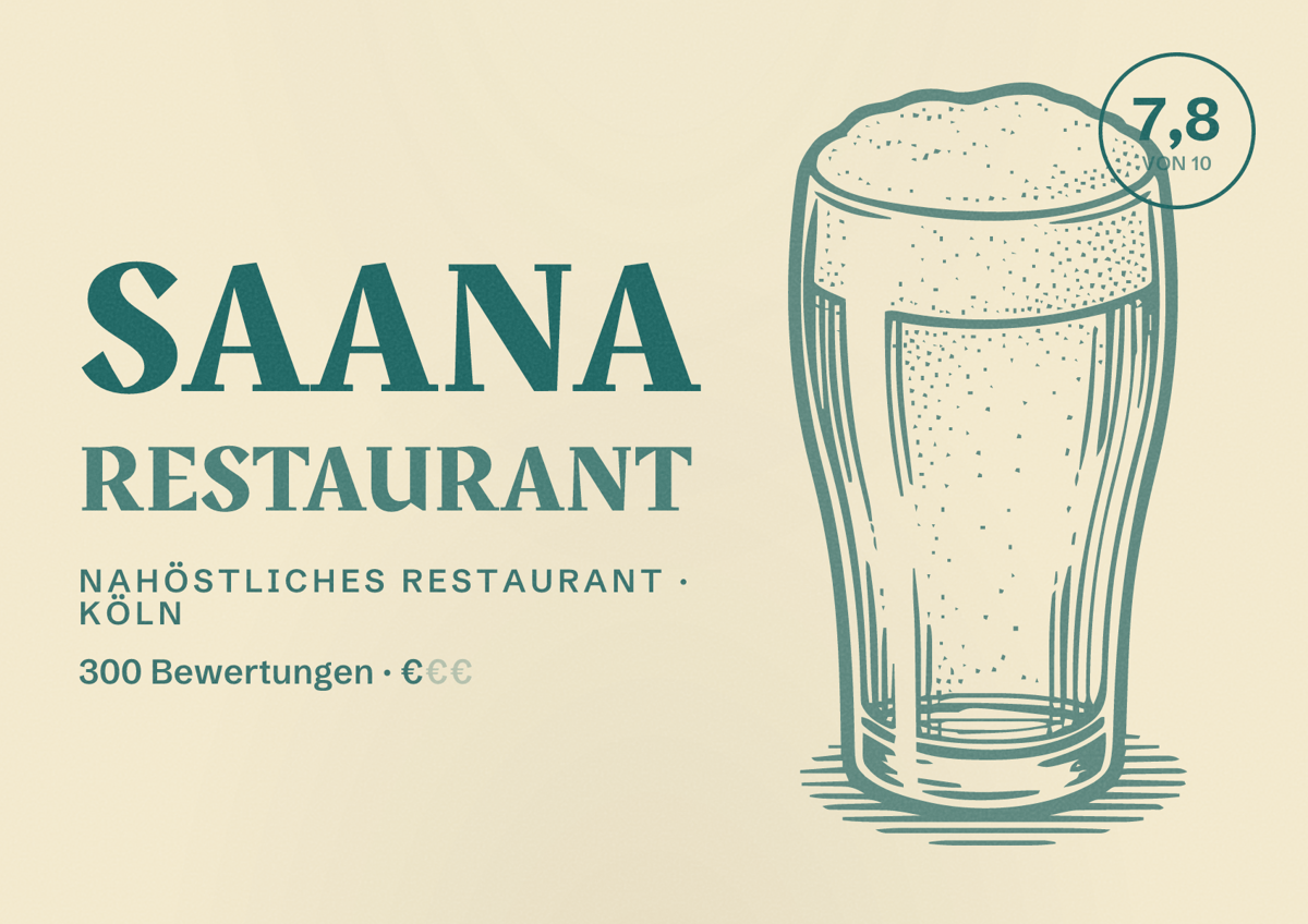 Illustriertes Poster von Saana Restaurant, Nahöstliches Restaurant in Köln: Bewertung 7,8 von 10 aus 300 Bewertungen, Preisniveau €