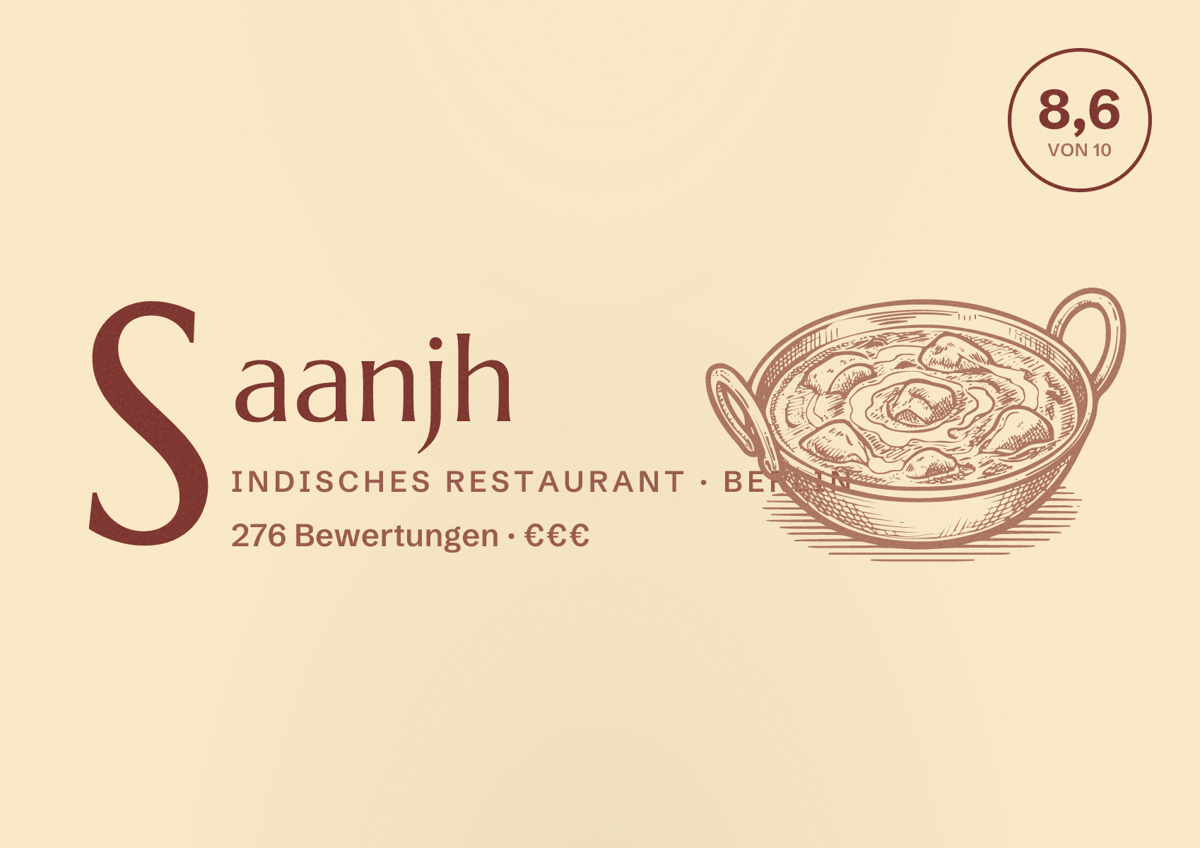 Illustriertes Poster von Saanjh, Indisches Restaurant in Berlin: Bewertung 8,6 von 10 aus 276 Bewertungen, Preisniveau €€€