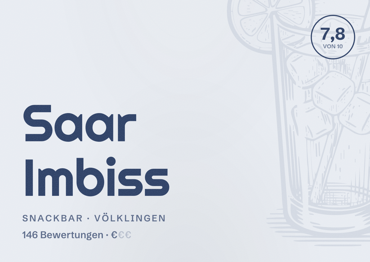 Illustriertes Poster von Saar Imbiss, Snackbar in Völklingen: Bewertung 7,8 von 10 aus 146 Bewertungen, Preisniveau €