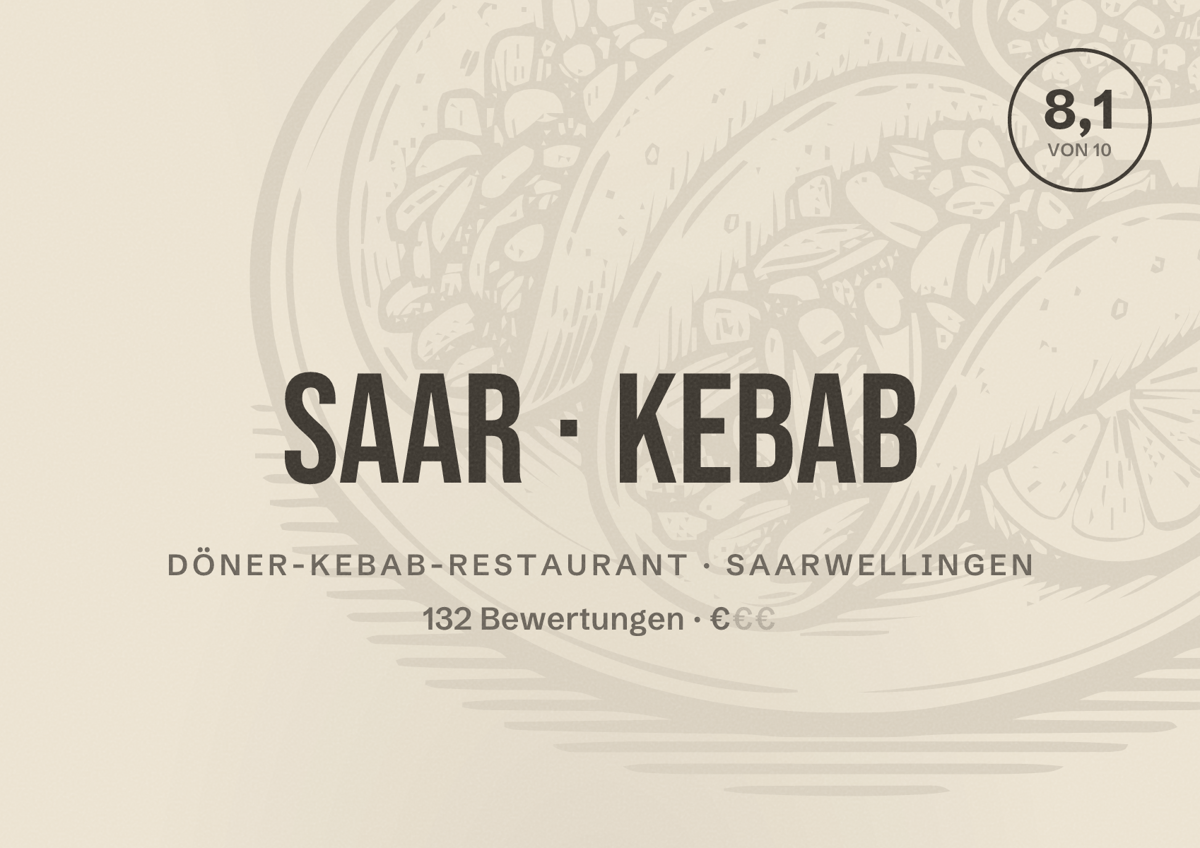 Illustriertes Poster von Saar Kebab, Döner-Kebab-Restaurant in Saarwellingen: Bewertung 8,1 von 10 aus 132 Bewertungen, Preisniveau €