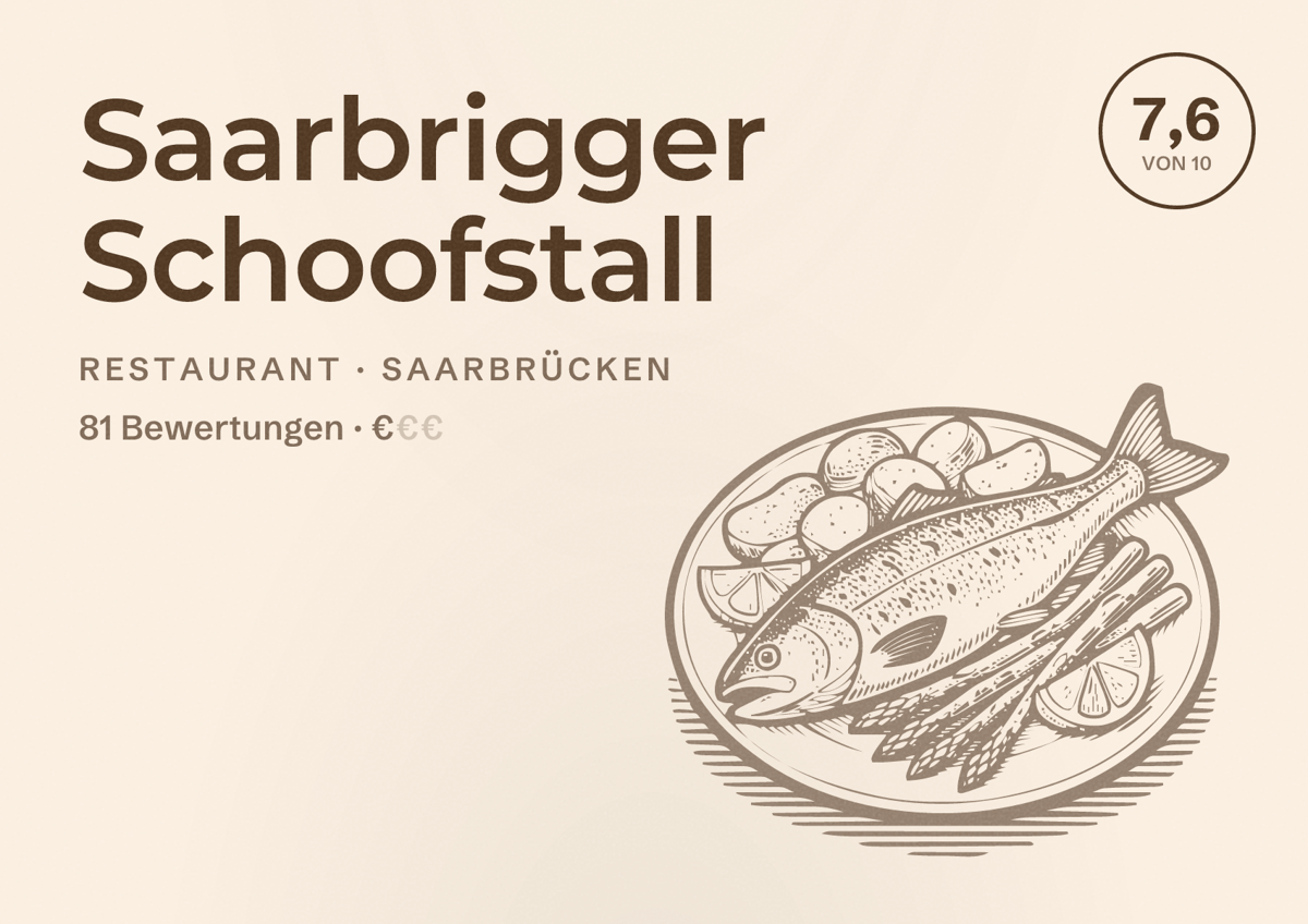 Illustriertes Poster von Saarbrigger Schoofstall, Restaurant in Saarbrücken: Bewertung 7,6 von 10 aus 81 Bewertungen, Preisniveau €