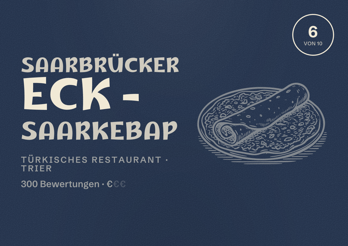 Illustriertes Poster von Saarbrücker Eck - Saarkebap, Türkisches Restaurant in Trier: Bewertung 6 von 10 aus 300 Bewertungen, Preisniveau €