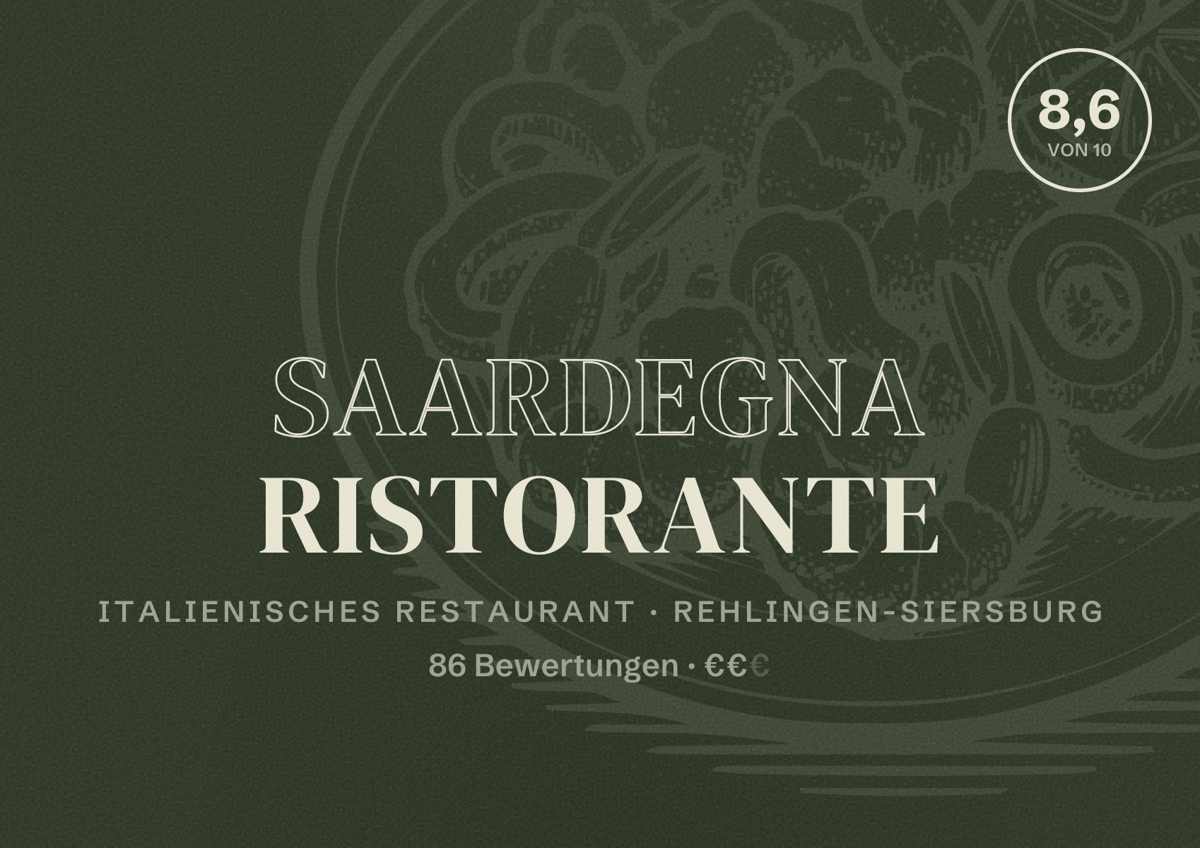 Illustriertes Poster von Saardegna Ristorante, Italienisches Restaurant in Rehlingen-Siersburg: Bewertung 8,6 von 10 aus 86 Bewertungen, Preisniveau €€