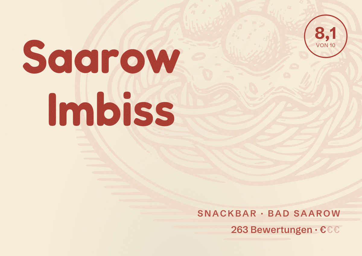 Illustriertes Poster von Saarow Imbiss, Snackbar in Bad Saarow: Bewertung 8,1 von 10 aus 263 Bewertungen, Preisniveau €